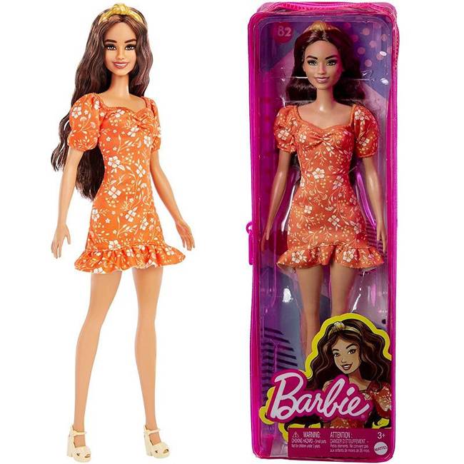 Brunetka Barbie Lalka Fashionistas W Pomarańczowej Sukience 