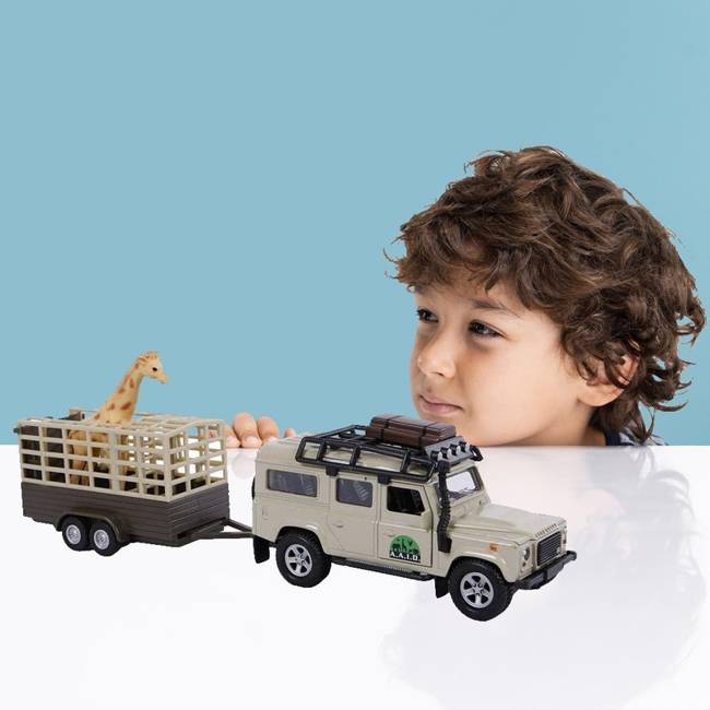 Hipo Land Rover Defender Safari z Przyczepą do Transportu Żyrafy + Figurka Żyrafy