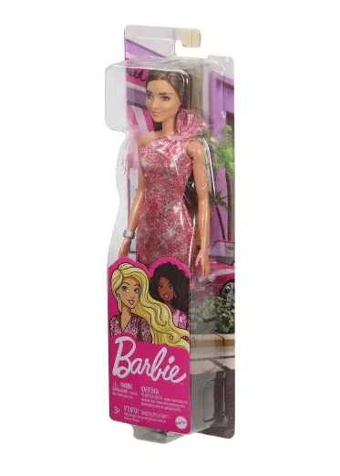 Lalka Barbie w błyszczące różowej sukience z kokardką