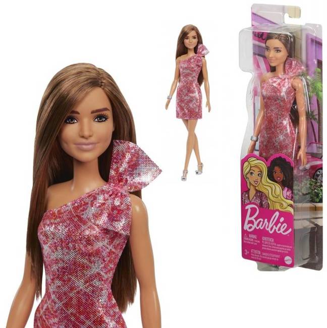 Lalka Barbie w błyszczące różowej sukience z kokardką