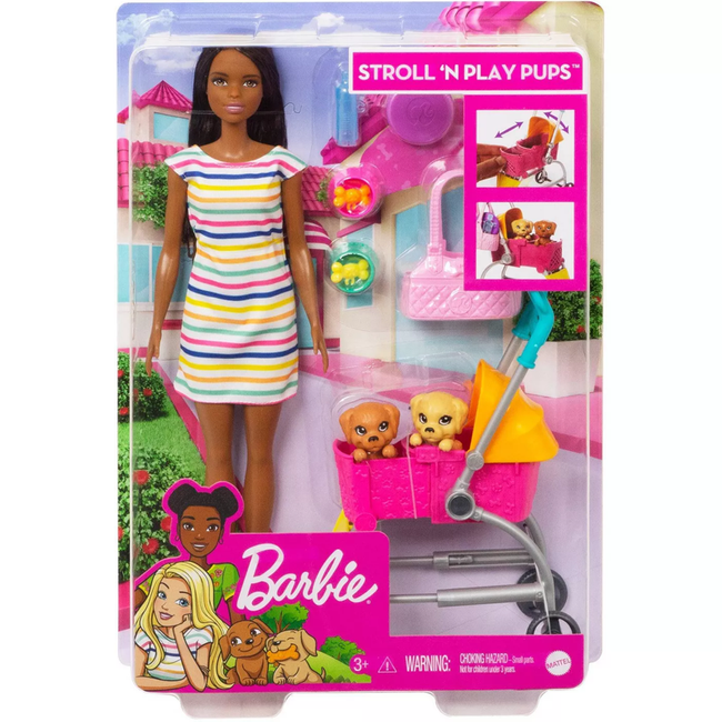 Mattel Barbie Brunetka Lalka Zestaw Spacerówka Z Pieskami