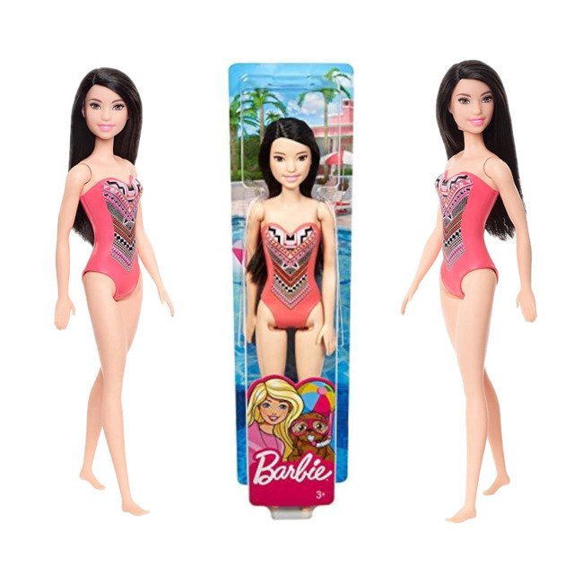 Mattel Barbie Lalka Plażowa Brunetka w Różowym Stroju