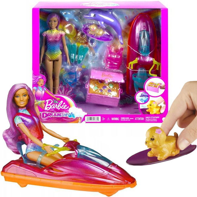 Plażowa Barbie z Skuterem Wodnym + Akcesoria, Szczeniak, Delfiny